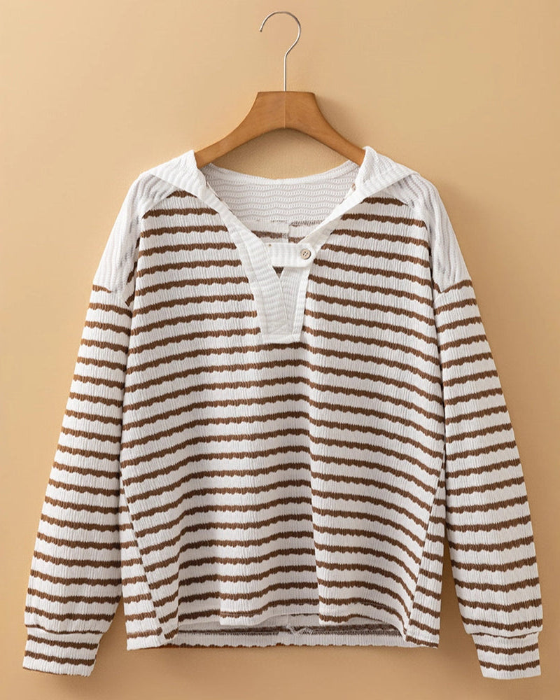 Lumina Wear Elise soft striped textured V-neck sweater with buttoned strap, showcasing cozy knit fabric and stylish design.