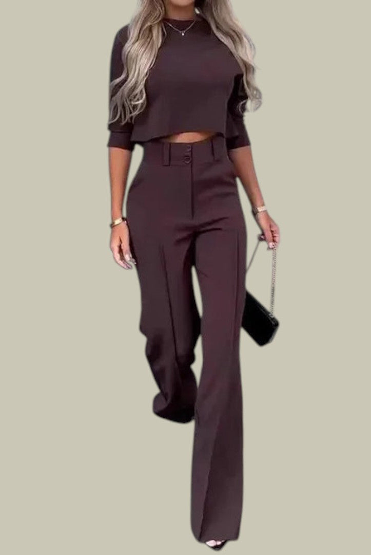 Lumina Wear Ella chic cropped top and tailored trousers two-piece set, stylish and modern outfit for casual or semi-formal wear.