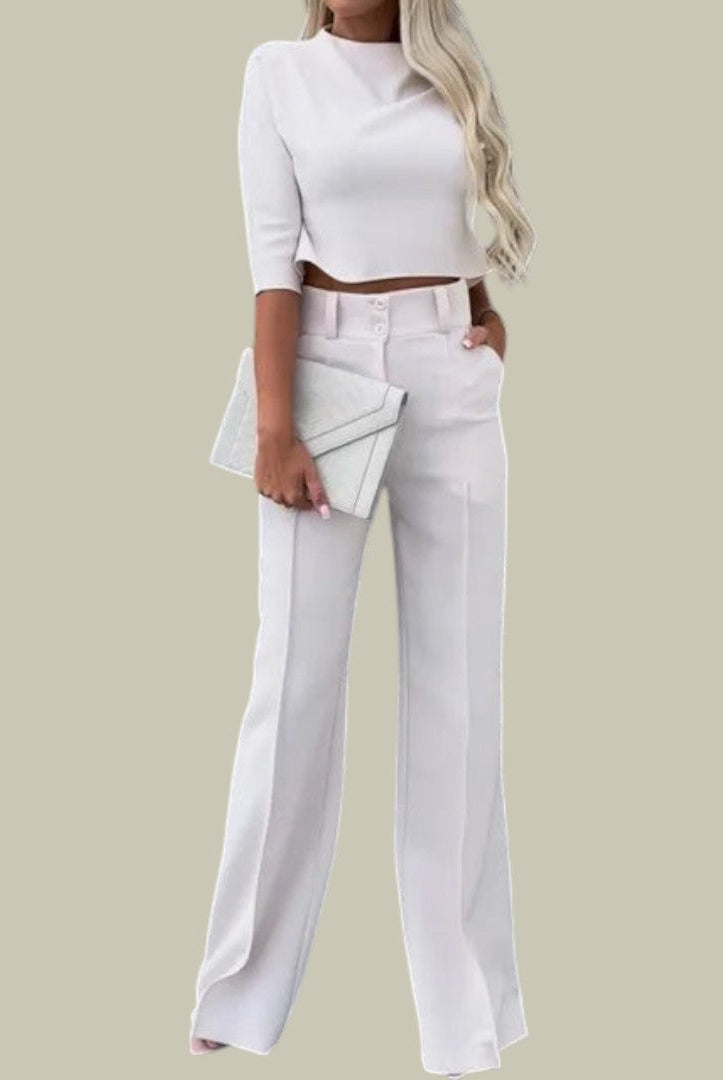 Ella two-piece set by Lumina Wear featuring a chic cropped top and tailored trousers in a stylish, modern design.