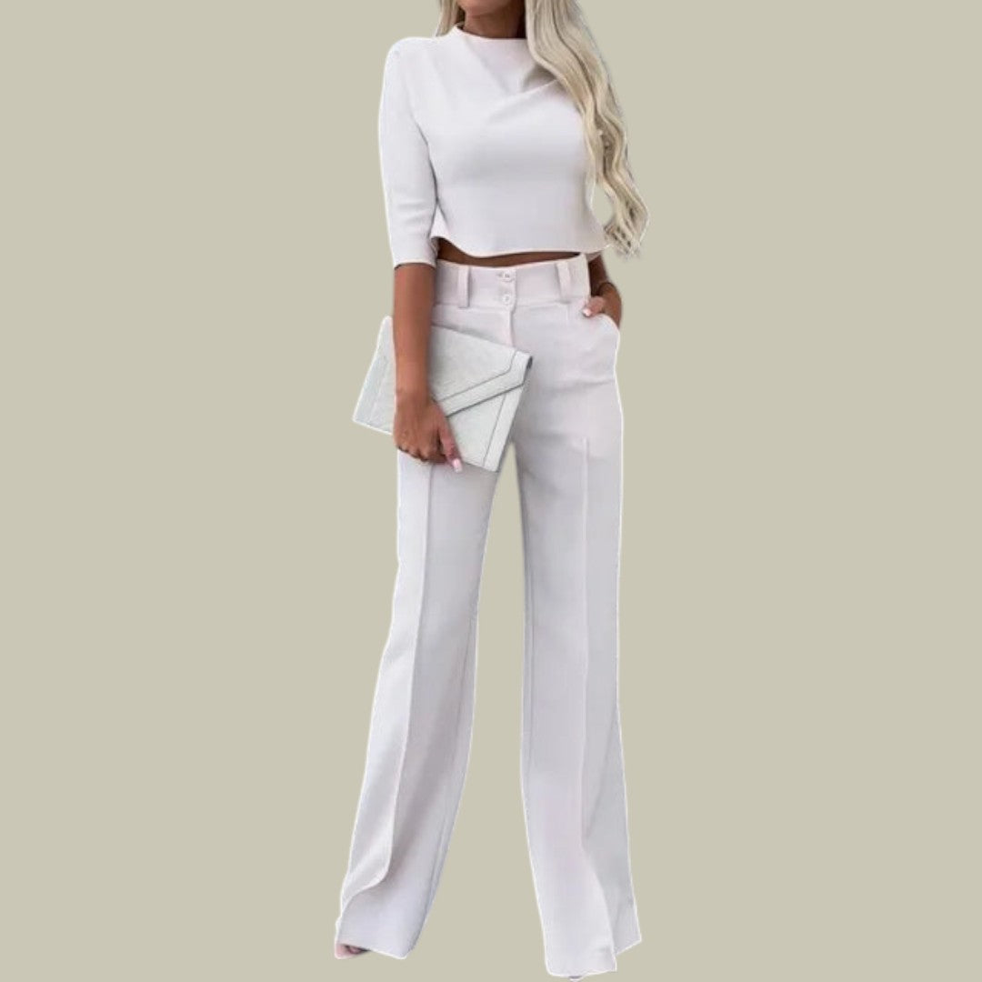 Ella two-piece set by Lumina Wear featuring a chic cropped top and tailored trousers in a stylish, modern design.