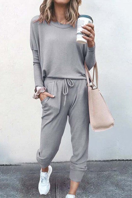 Emma cozy matching lounge set by Lumina Wear featuring long sleeve top and joggers, perfect for relaxing at home.