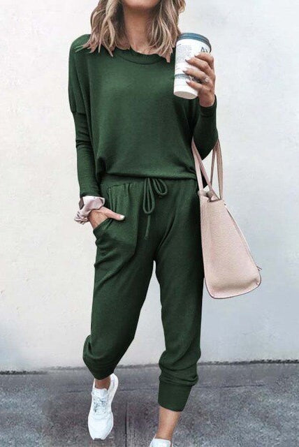 Emma women's cozy matching lounge set with long sleeve top and joggers from Lumina Wear, soft and comfortable for relaxing.