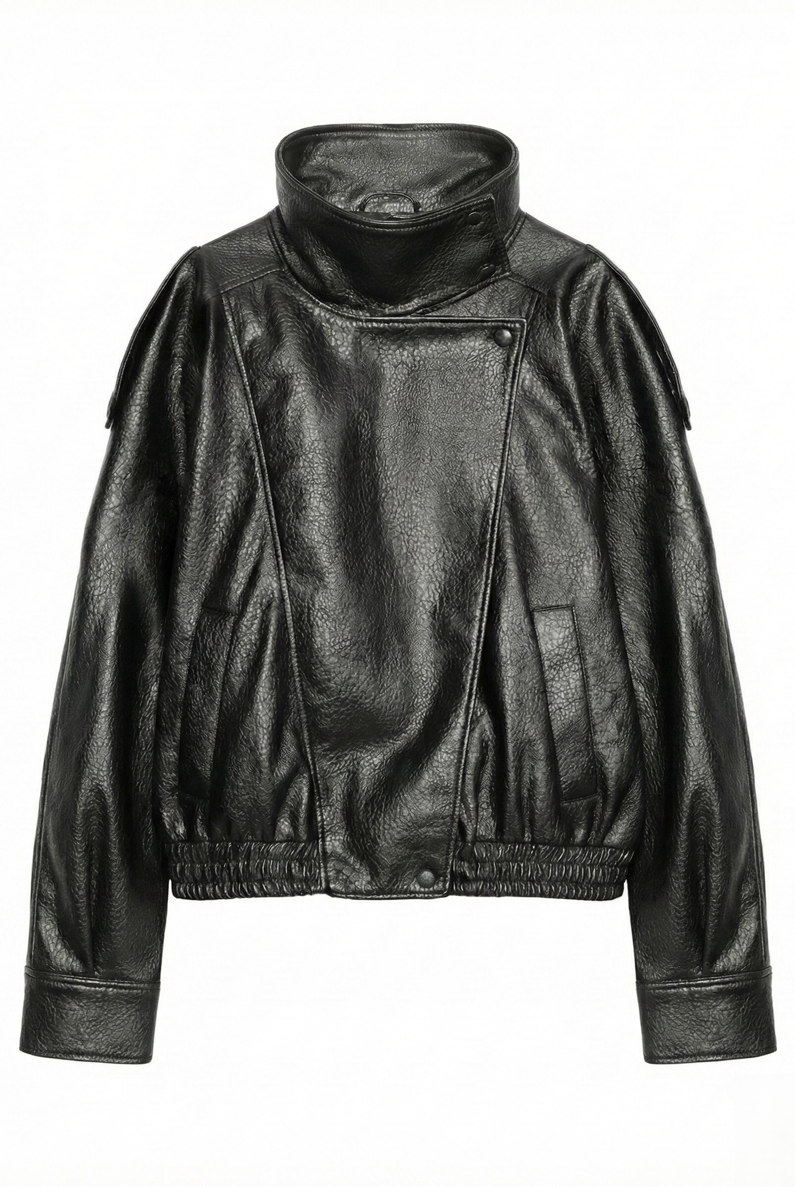 Lumina Wear Felicia oversized high-neck faux leather jacket for women, structured design with bold style and sleek black finish.