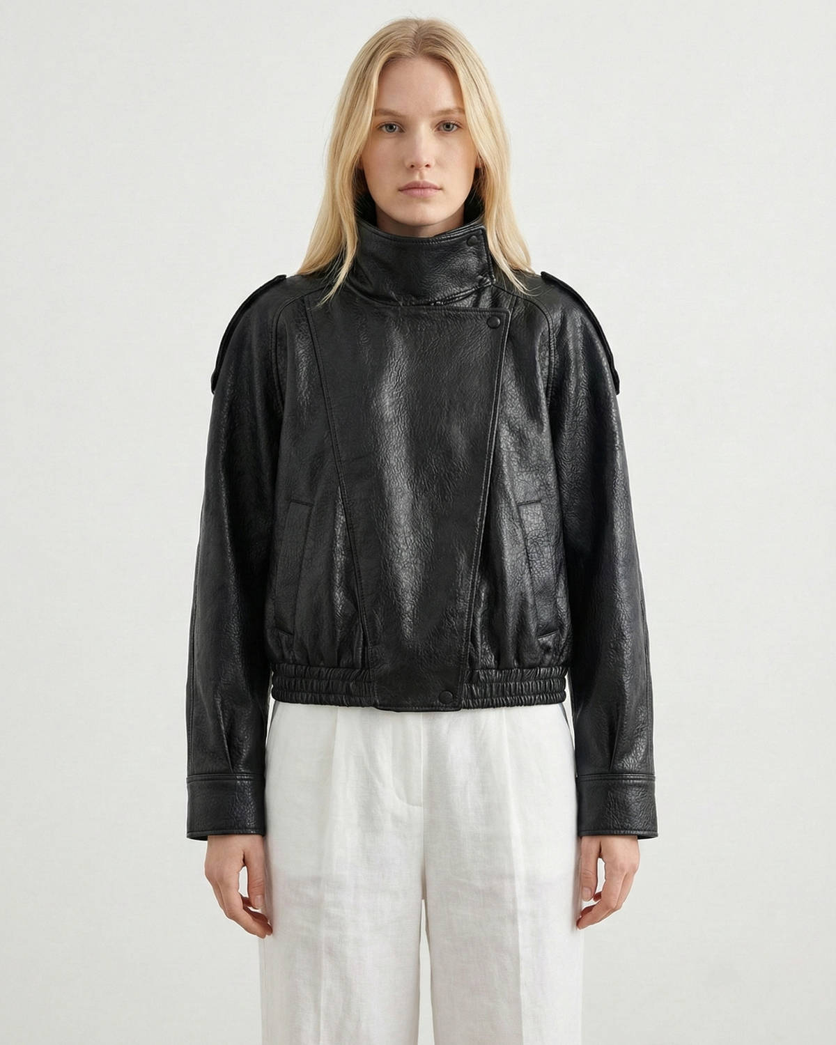 Lumina Wear Felicia oversized structured high-neck faux leather jacket, black with tailored fit and sleek design.