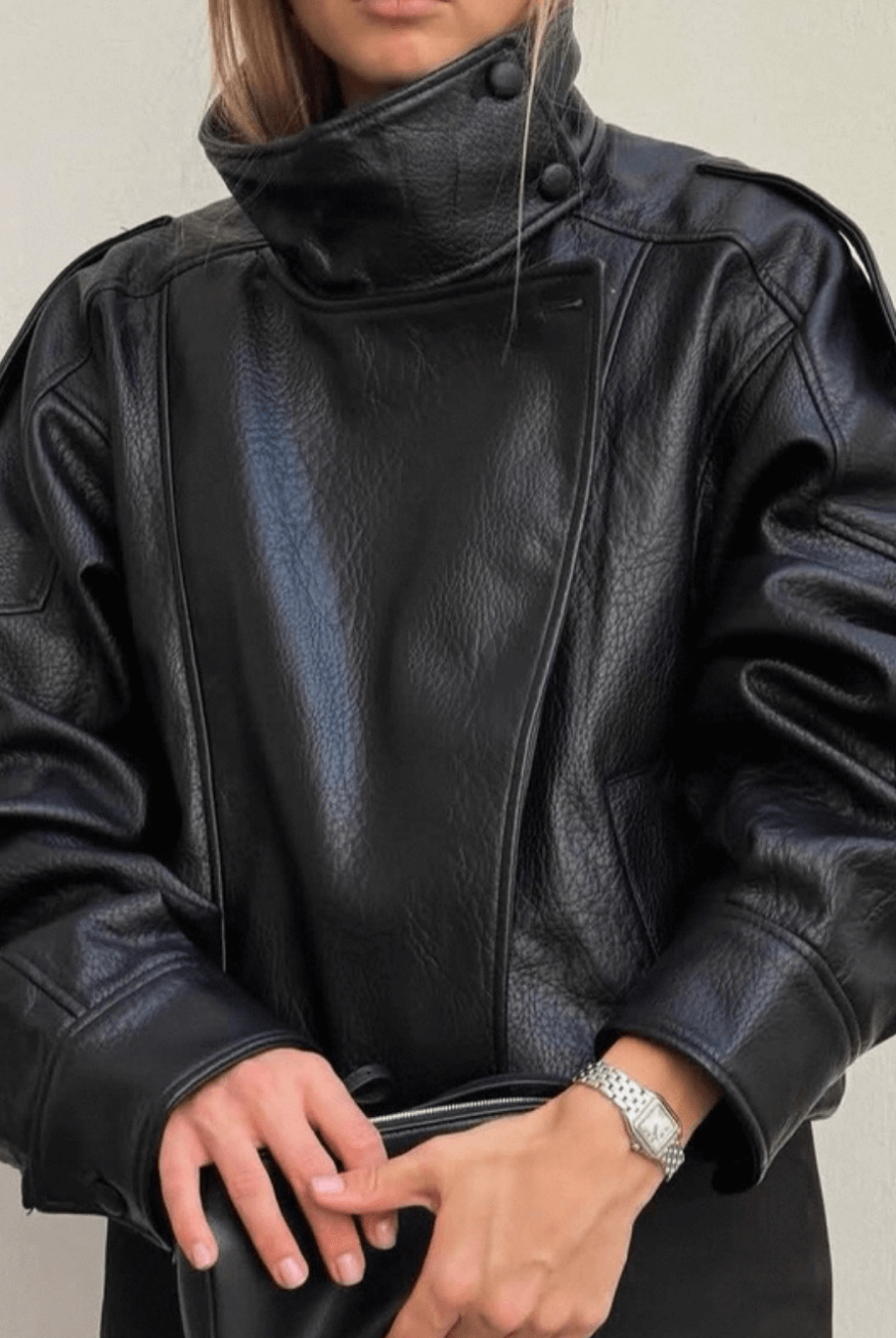 Lumina Wear Felicia oversized high-neck faux leather jacket for women, structured design with a bold high-neck style.
