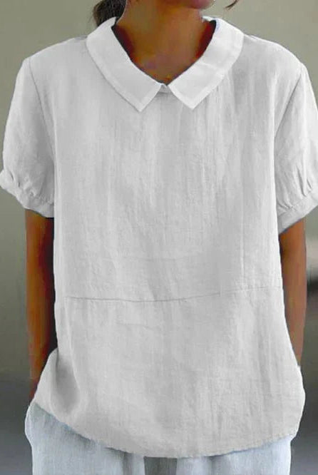 Light beige linen blouse with a Peter Pan collar from Lumina Wear's Fiona collection, featuring a relaxed, charming fit.