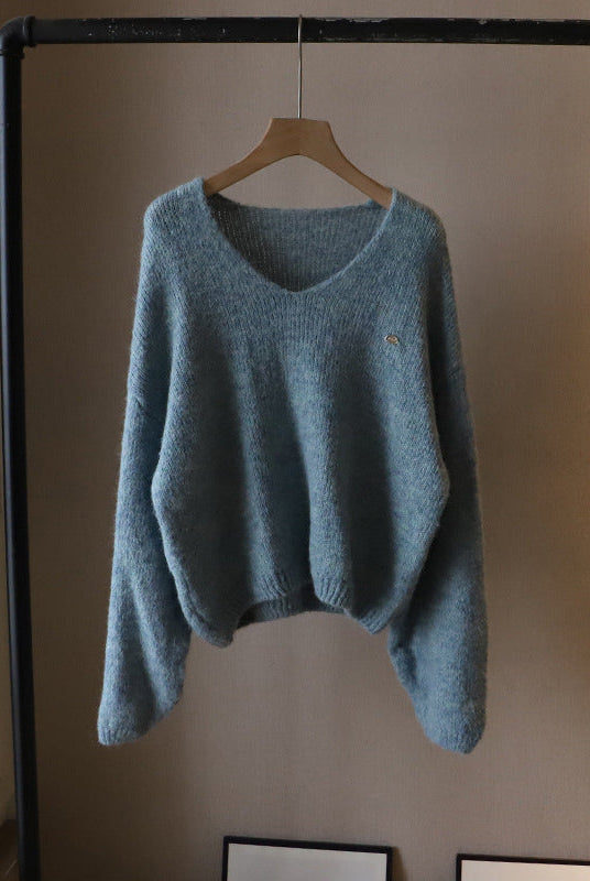 Lumina Wear Fiorentina soft draped vintage V-neck sweater with a comfortable fit, shown in a cozy, relaxed style.