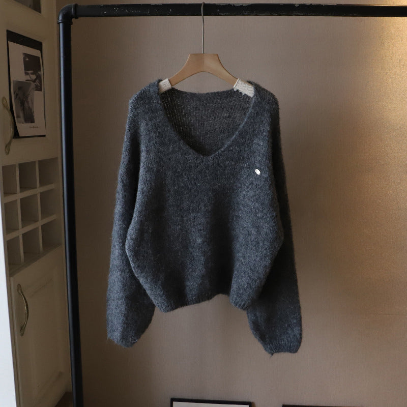 Lumina Wear Fiorentina soft draped vintage V-neck sweater with a comfortable fit, shown in a cozy, relaxed style.