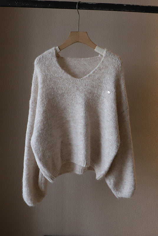 Lumina Wear Fiorentina soft draped vintage V-neck sweater with a comfortable fit, shown in a cozy, relaxed style.