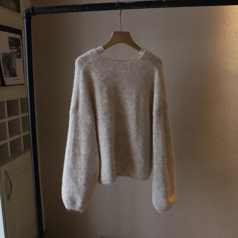 Lumina Wear Fiorentina vintage V-neck sweater with soft draped fabric and comfortable fit, showcased on a neutral background.