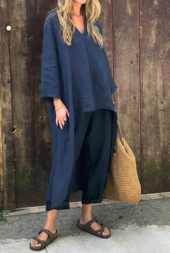 Light beige Florence Lumina Wear relaxed elegance tunic and pant set displayed on a hanger, showcasing comfortable, stylish loungewear.