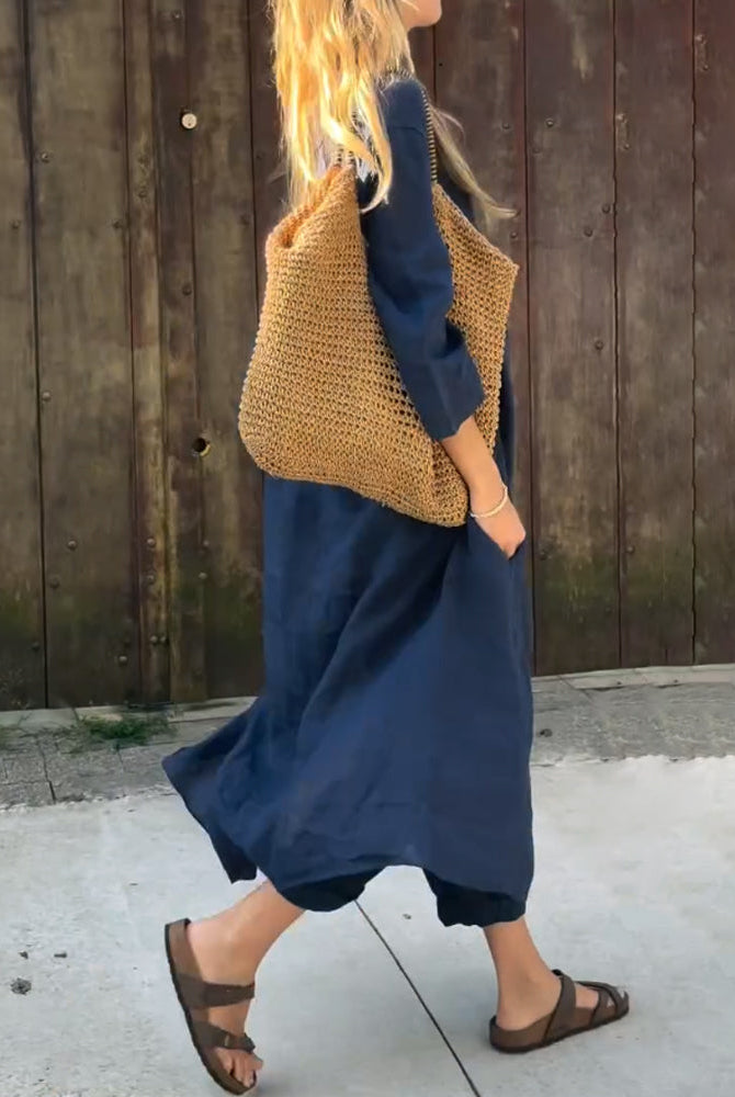 Light blue Florence relaxed elegance tunic and pant set by Lumina Wear, showcasing comfortable, stylish women's loungewear.