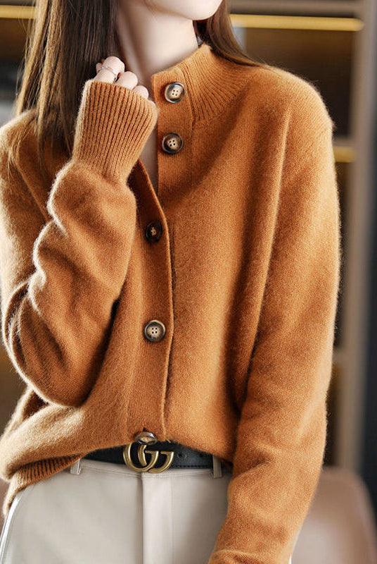 Lumina Wear Giuliana high neck cardigan sweater with button detail, showcasing an elegant and stylish knit design.