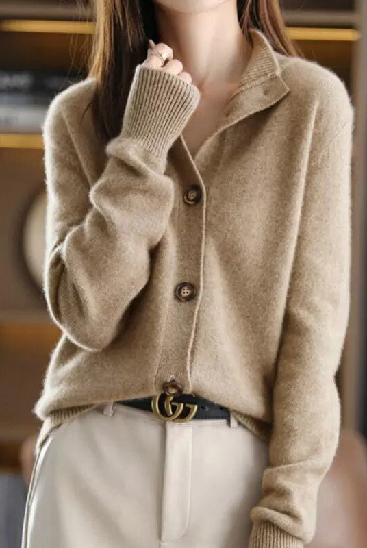 Elegant high neck Lumina Wear Giuliana cardigan with button details, featuring a stylish and cozy sweater design.