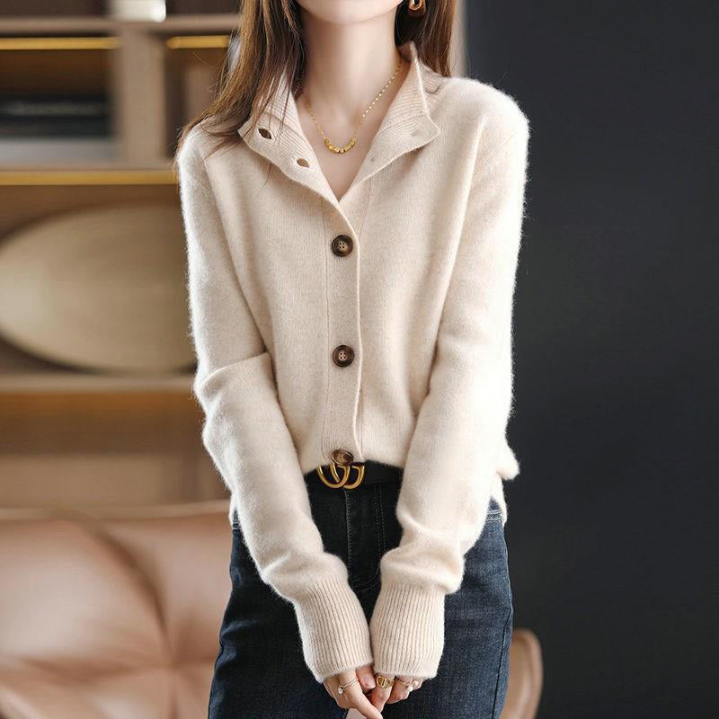 Lumina Wear Giuliana women's high neck cardigan featuring elegant button details and a cozy, stylish sweater design.