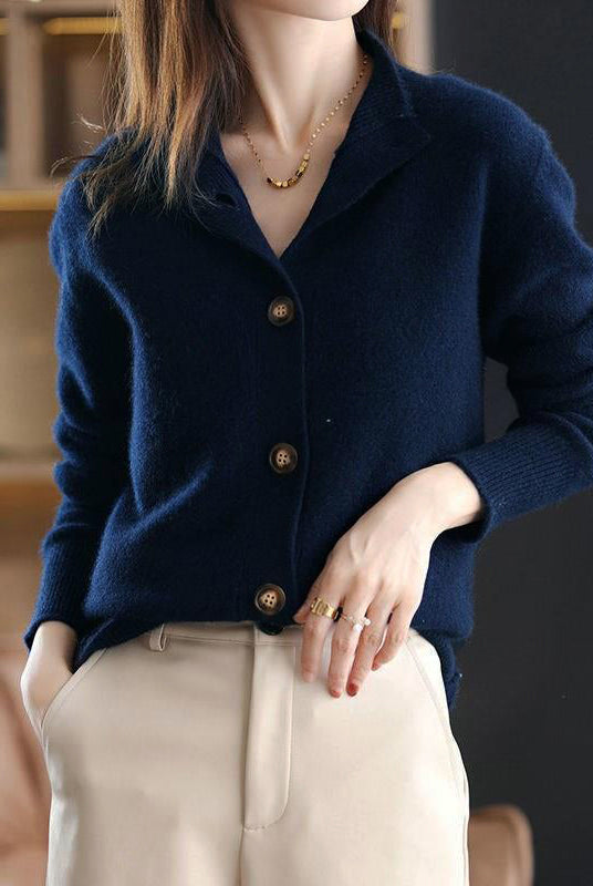 Lumina Wear Giuliana high-neck cardigan sweater with button details, soft knit fabric, and elegant design.