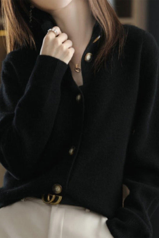 Lumina Wear Giuliana high neck cardigan sweater with button details, showcasing a stylish and elegant knit design.