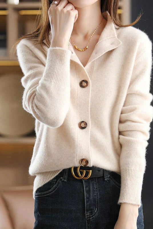 Lumina Wear Giuliana elegant high neck cardigan sweater with button detail, showcasing a stylish and cozy knit design.