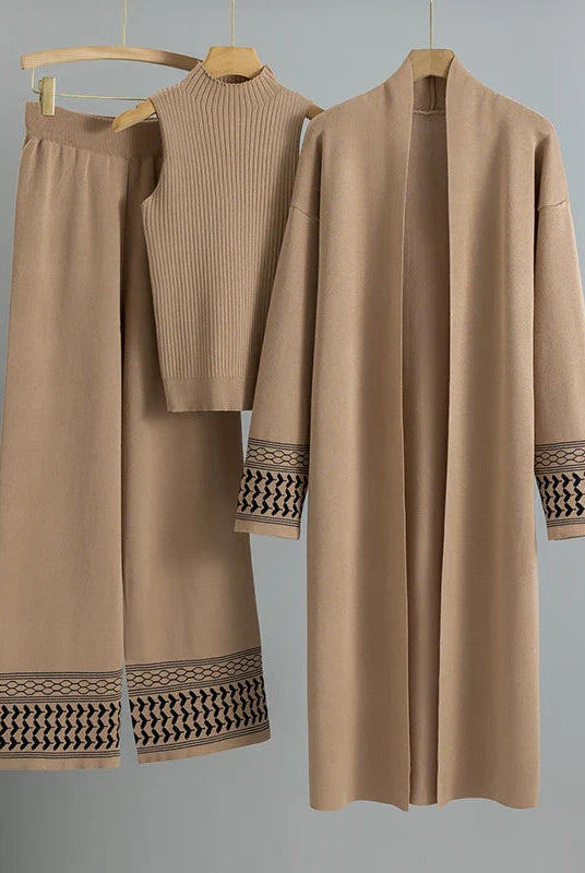 Giuliana Lumina Wear embroidered trim relaxed fit three-piece set featuring a top, pants, and a matching jacket, stylish and comfortable.