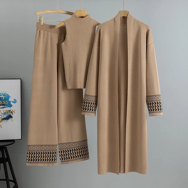 Giuliana Lumina relaxed fit three-piece dress set with embroidered trim, featuring a comfortable, stylish design displayed on a model.