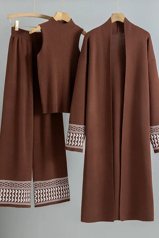 Giuliana Lumina Wear embroidered trim three-piece relaxed fit set featuring a top, pants, and matching jacket displayed on a model.