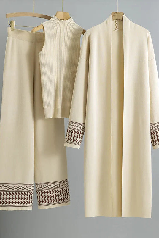 Giuliana three-piece set by Lumina Wear featuring embroidered trim, relaxed fit, and coordinated casual clothing for comfortable style.