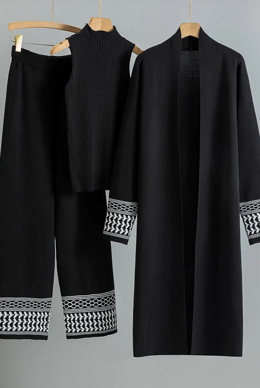 Giuliana Lumina Wear three-piece set with embroidered trim, relaxed fit, including top, pants, and matching cardigan.