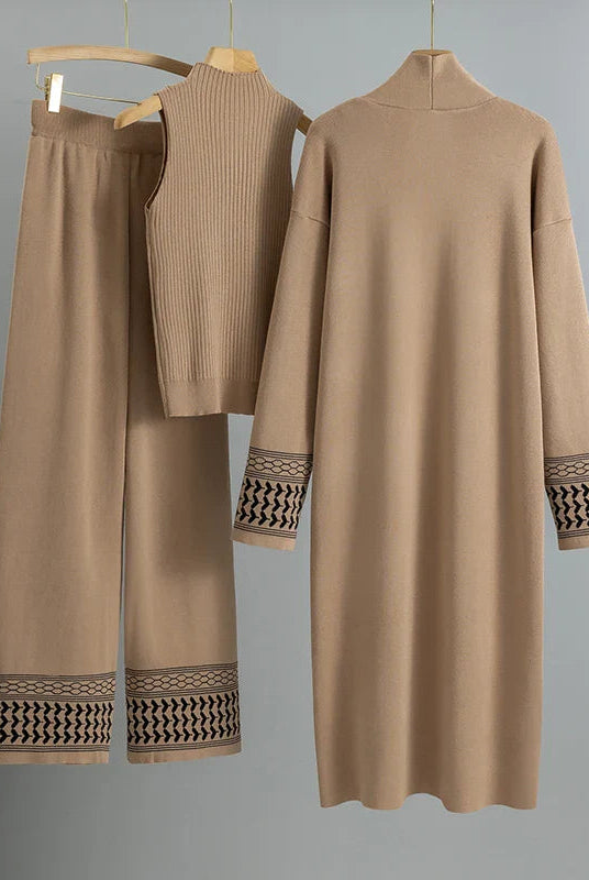 Giuliana embroidered trim relaxed fit three-piece set by Lumina Wear, featuring a coordinated top, bottom, and cardigan.