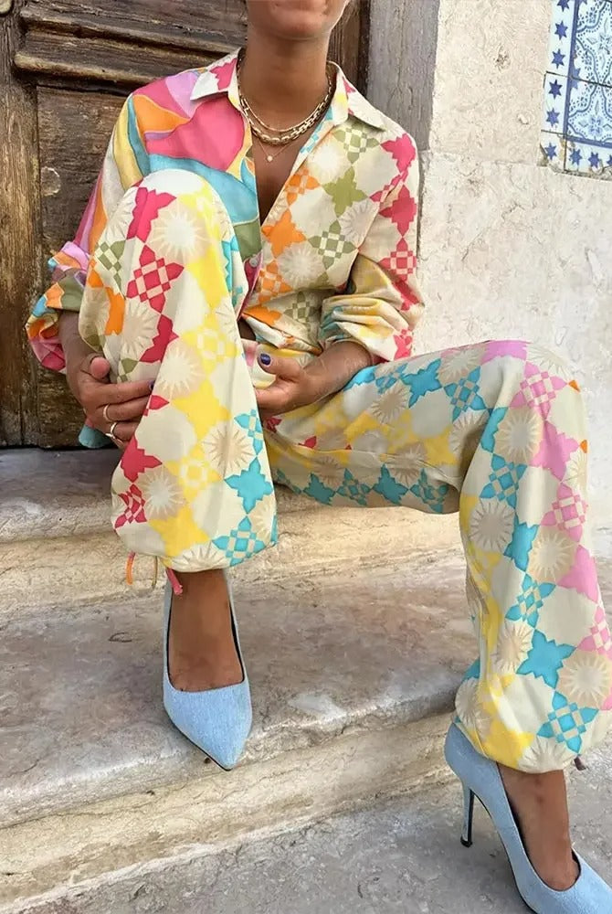 Colorful Lumina Wear Grace relaxed fit casual two-piece set, featuring vibrant patterns and comfortable fabric, perfect for everyday wear.