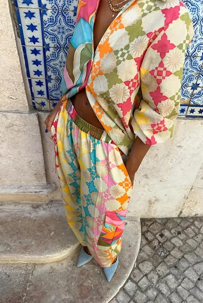 Colorful Lumina Wear Grace relaxed fit casual two-piece set with vibrant patterns and comfortable fit, perfect for everyday wear.