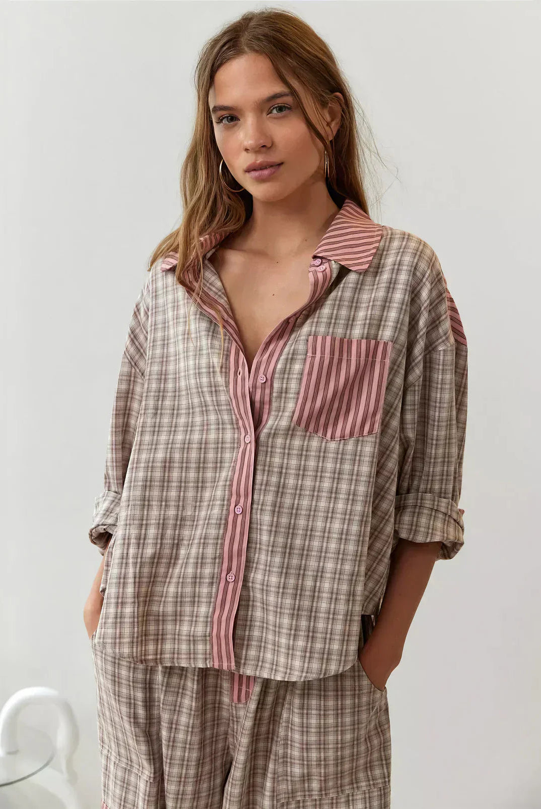 Women's spring plaid two-piece set by Lumina Wear, featuring a coordinated top and skirt with a stylish, effortless look.