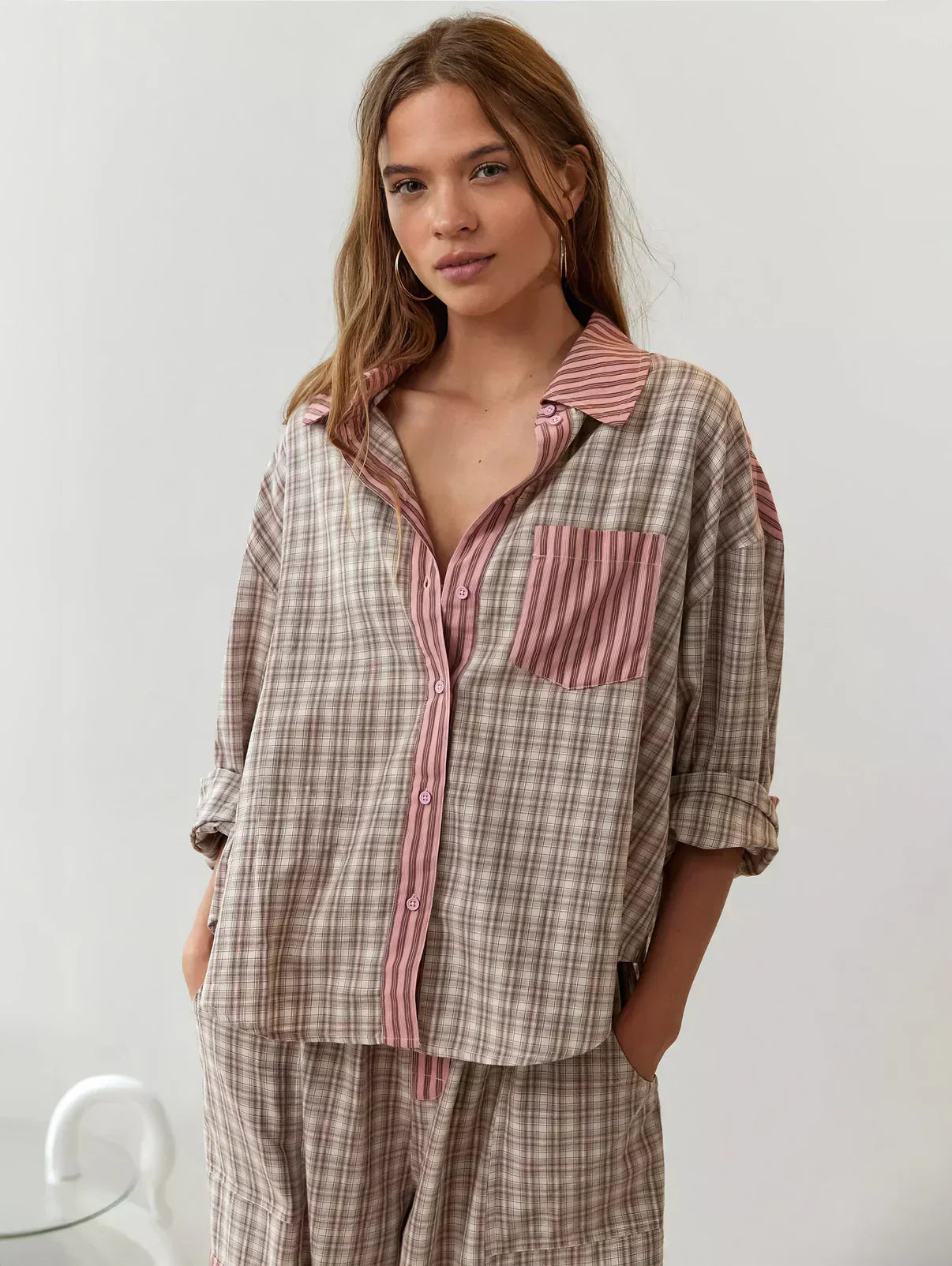 Women's spring plaid two-piece set by Lumina Wear, featuring a coordinated top and skirt with a stylish, effortless look.