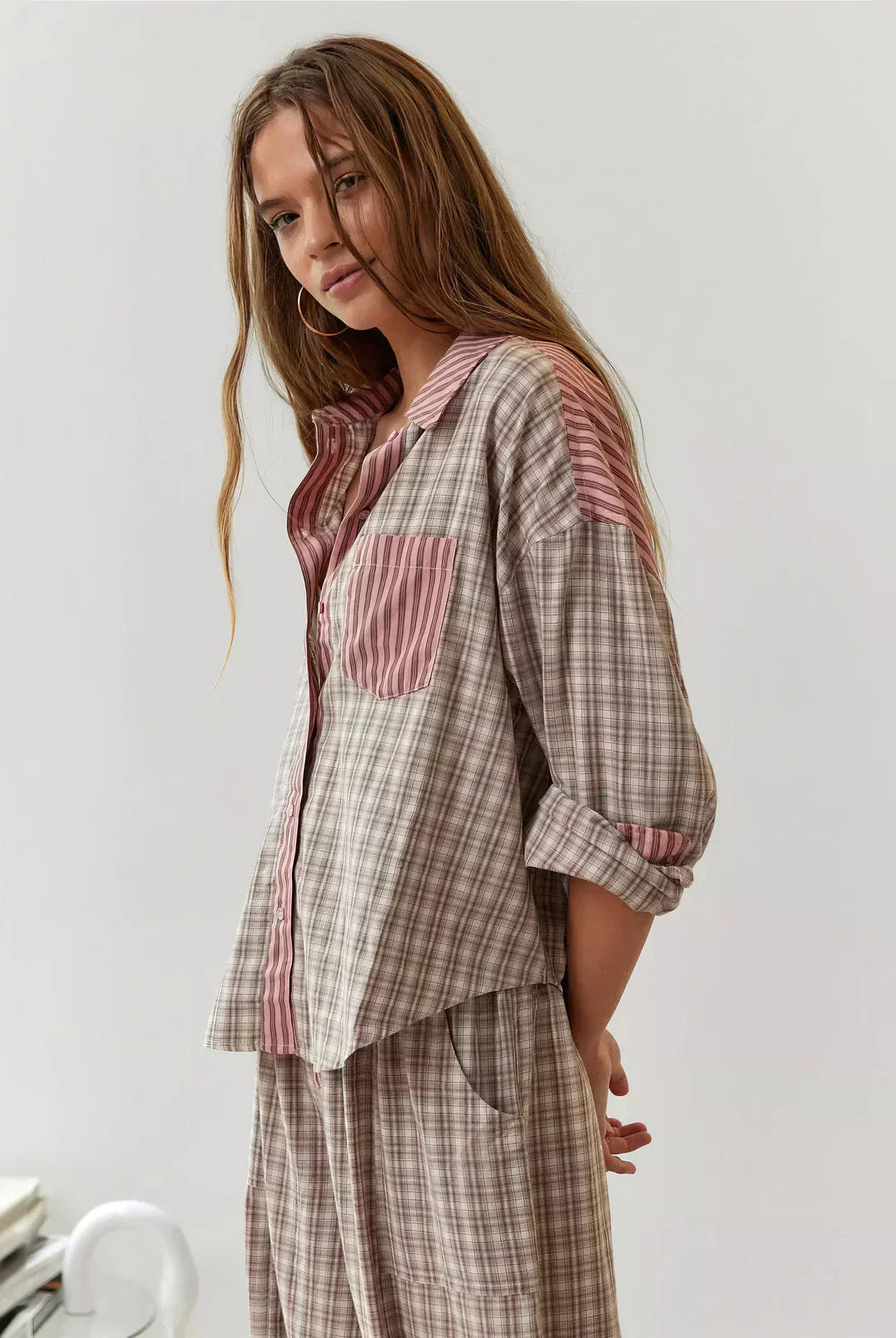 Women's Spring plaid two-piece set by Lumina Wear featuring a stylish coordinated outfit with a relaxed, effortless look.