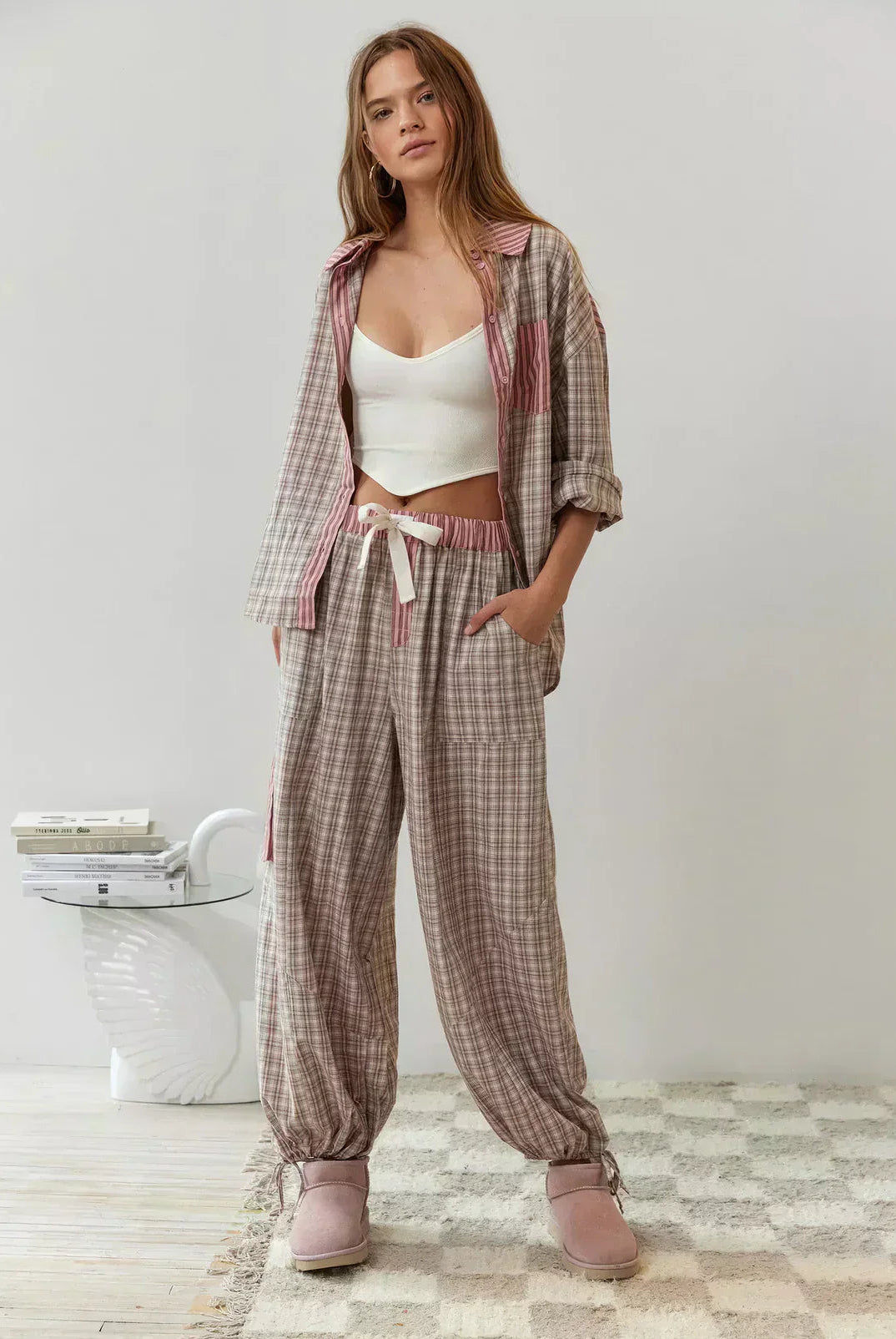 Women's spring plaid two-piece set by Lumina Wear, featuring a stylish coordinated top and skirt in vibrant spring colors.