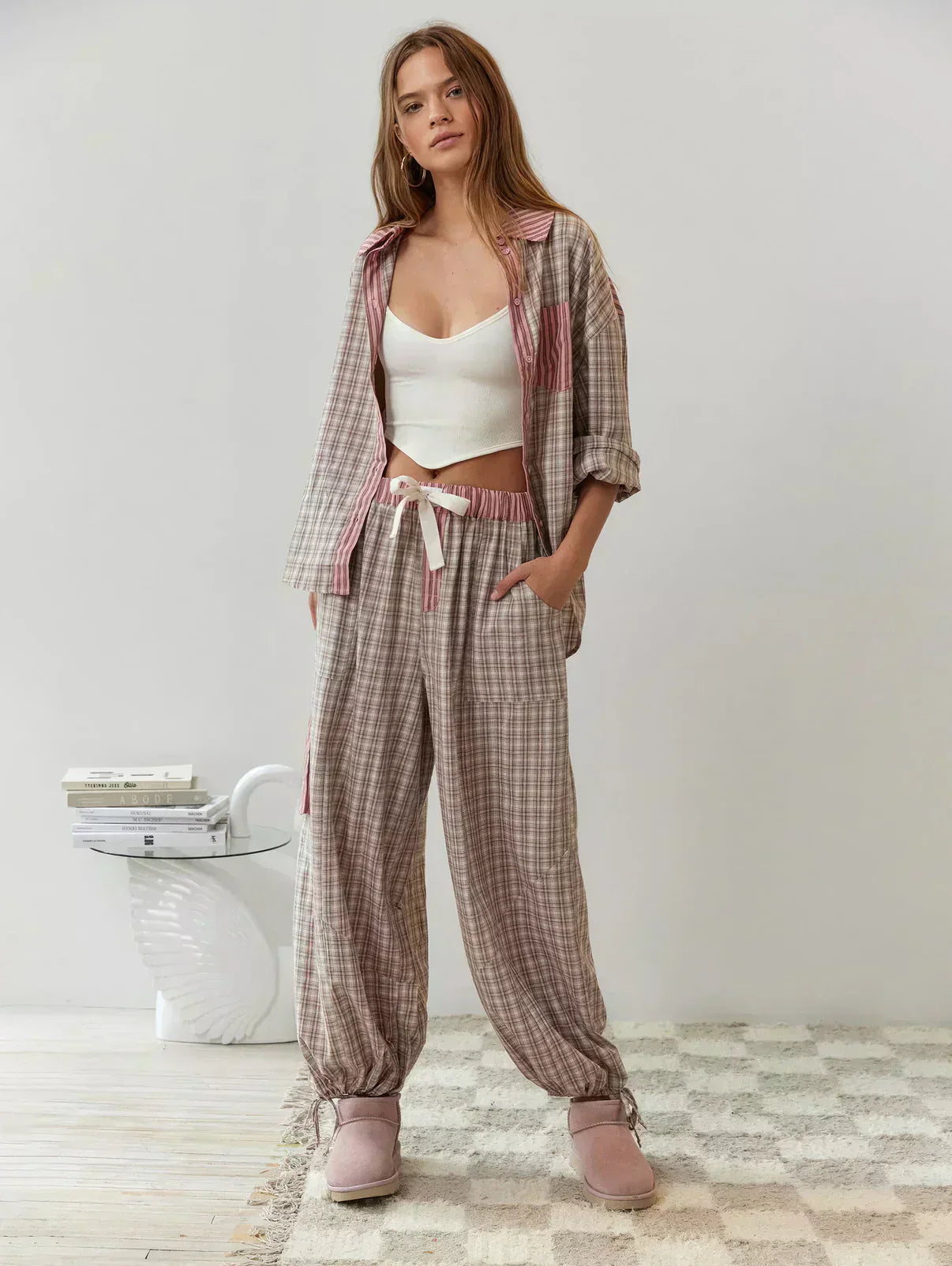 Women's spring plaid two-piece set by Lumina Wear, featuring a stylish coordinated top and skirt in vibrant spring colors.