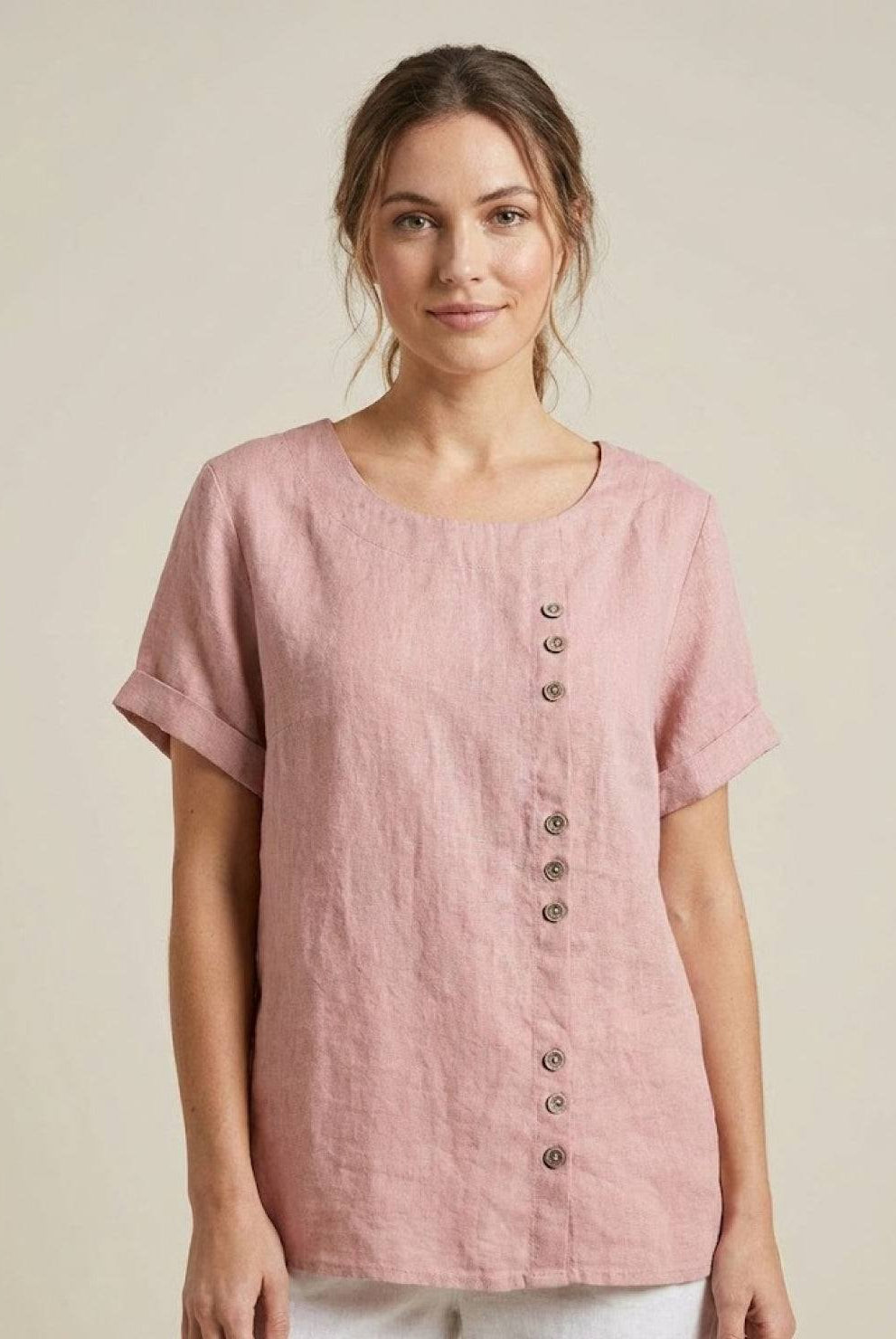 Lumina Wear Grace relaxed linen blouse featuring button details, draped fit, and casual style, perfect for everyday wear.