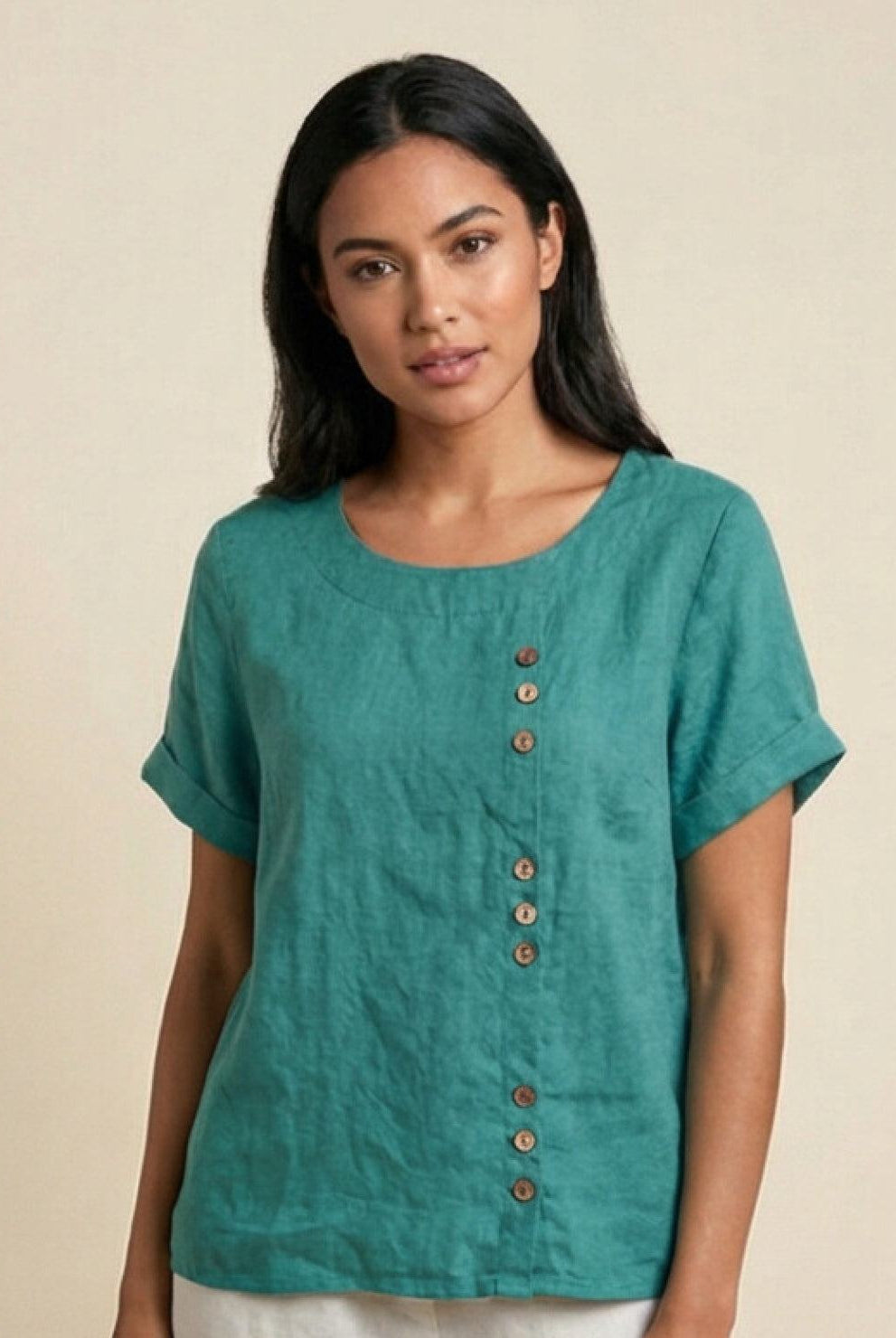Light beige Lumina Wear Grace relaxed linen blouse with button details, featuring a loose fit and casual style.