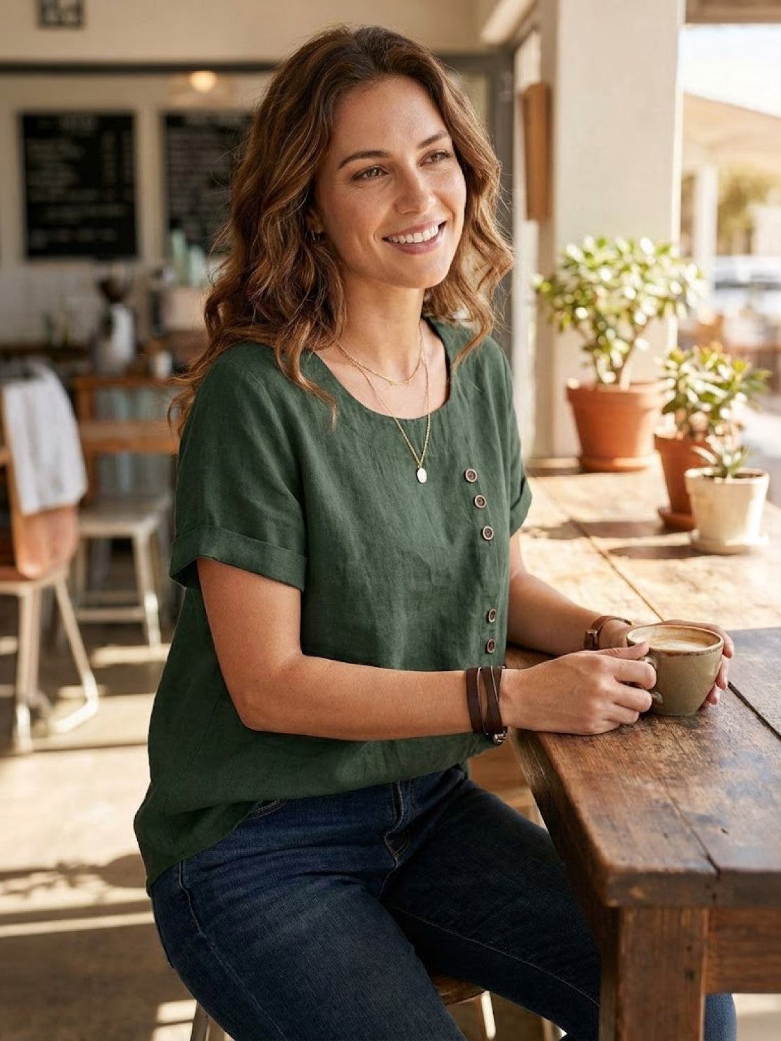 Light beige Lumina Wear Grace linen blouse with relaxed fit and button details, displayed on a hanger.