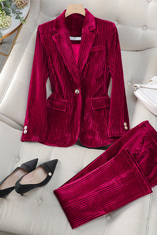 Lumina Wear women's tailored blazer and trousers set with polished silhouette, stylish business suit for professional looks.