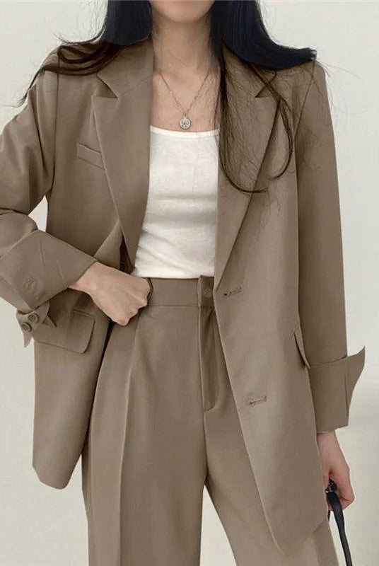 Lumina Wear Hailey tailored blazer and high-waisted trousers suit set, stylish and modern formal wear for women.