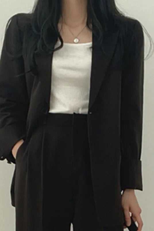 Lumina Wear Hailey tailored blazer and high-waisted trousers suit set, stylish and professional for office or formal occasions.