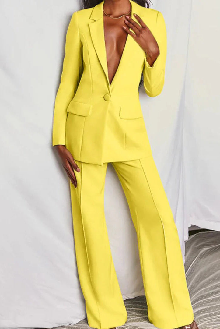 Lumina Wear Harper bold structured longline blazer with matching wide-leg pants, tailored women's trouser suit on model.