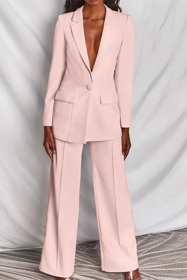 Lumina Wear women's Harper bold structured longline blazer with wide-leg pantsuit, showcasing tailored fit and modern style.