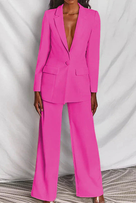 Lumina Wear Harper bold structured longline blazer with wide-leg trousers, tailored women's trouser suit on a model.
