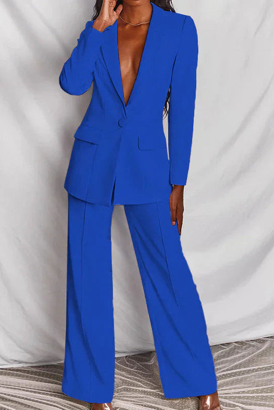 Lumina Wear Harper bold structured longline blazer with matching wide-leg trousers, stylish women's trouser suit in sleek fabric.