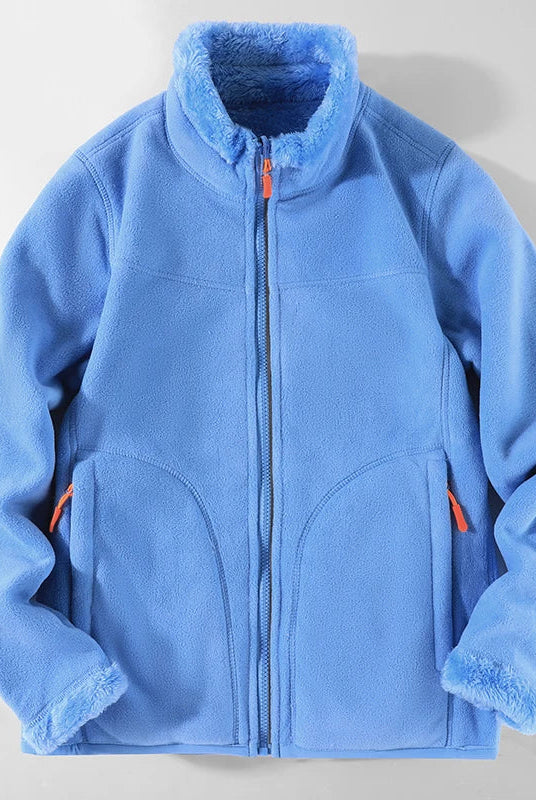Lumina Wear men's fleece jacket with plush warmth and standing collar, featuring a cozy, stylish design in a close-up view.