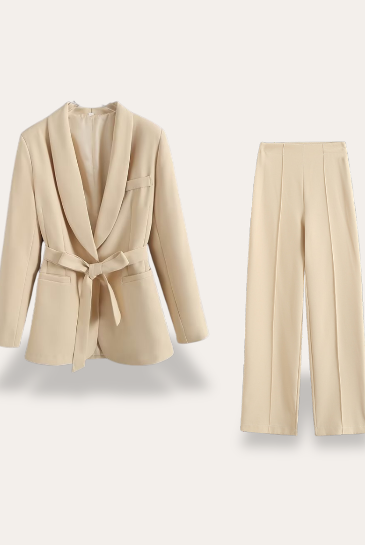 Hazel women's belted blazer and wide-leg trousers set by Lumina Wear, stylish tailored suit for sophisticated office or casual wear.