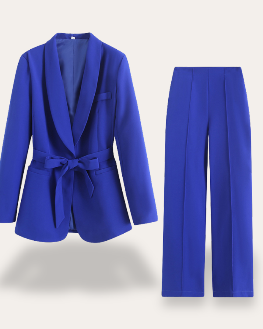 Hazel women's suit set featuring an elegant belted blazer and wide-leg trousers by Lumina Wear, styled for a sophisticated look.