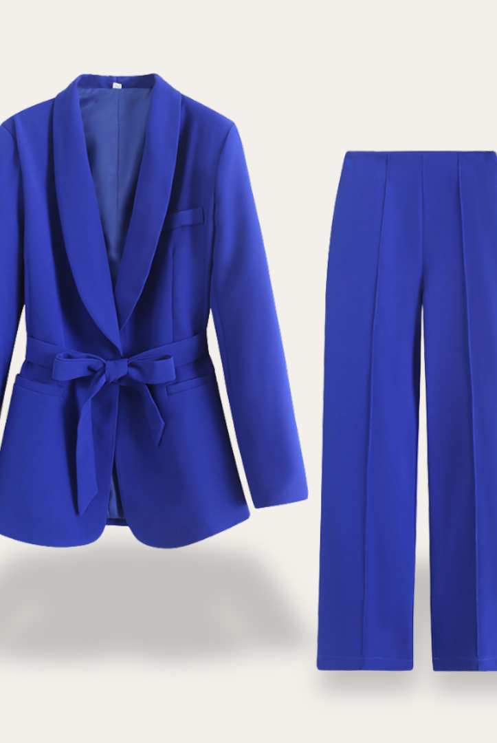Hazel women's belted blazer and wide-leg trousers set by Lumina Wear, stylish formal suit for women with tailored fit and elegant design.