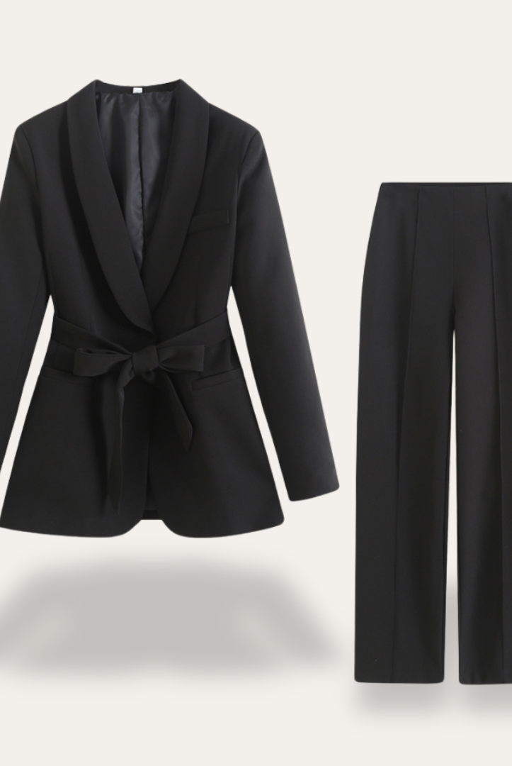 Hazel women's belted blazer and wide-leg trousers set by Lumina Wear, stylish tailored suit for women.